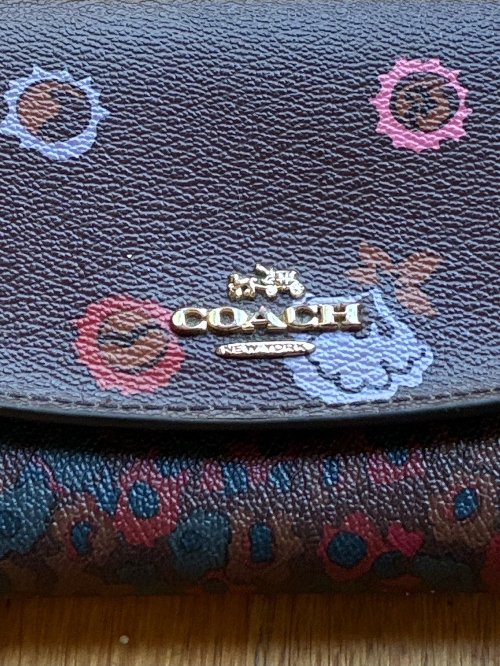 COACH Brown Floral-Accent Pebbled Leather Wallet with Gold Logo